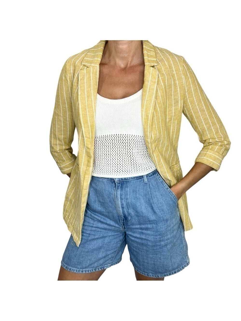 ONLY linen blend yellow white pin stripe open front jacket blazer EU 34 - Picture 2 of 12